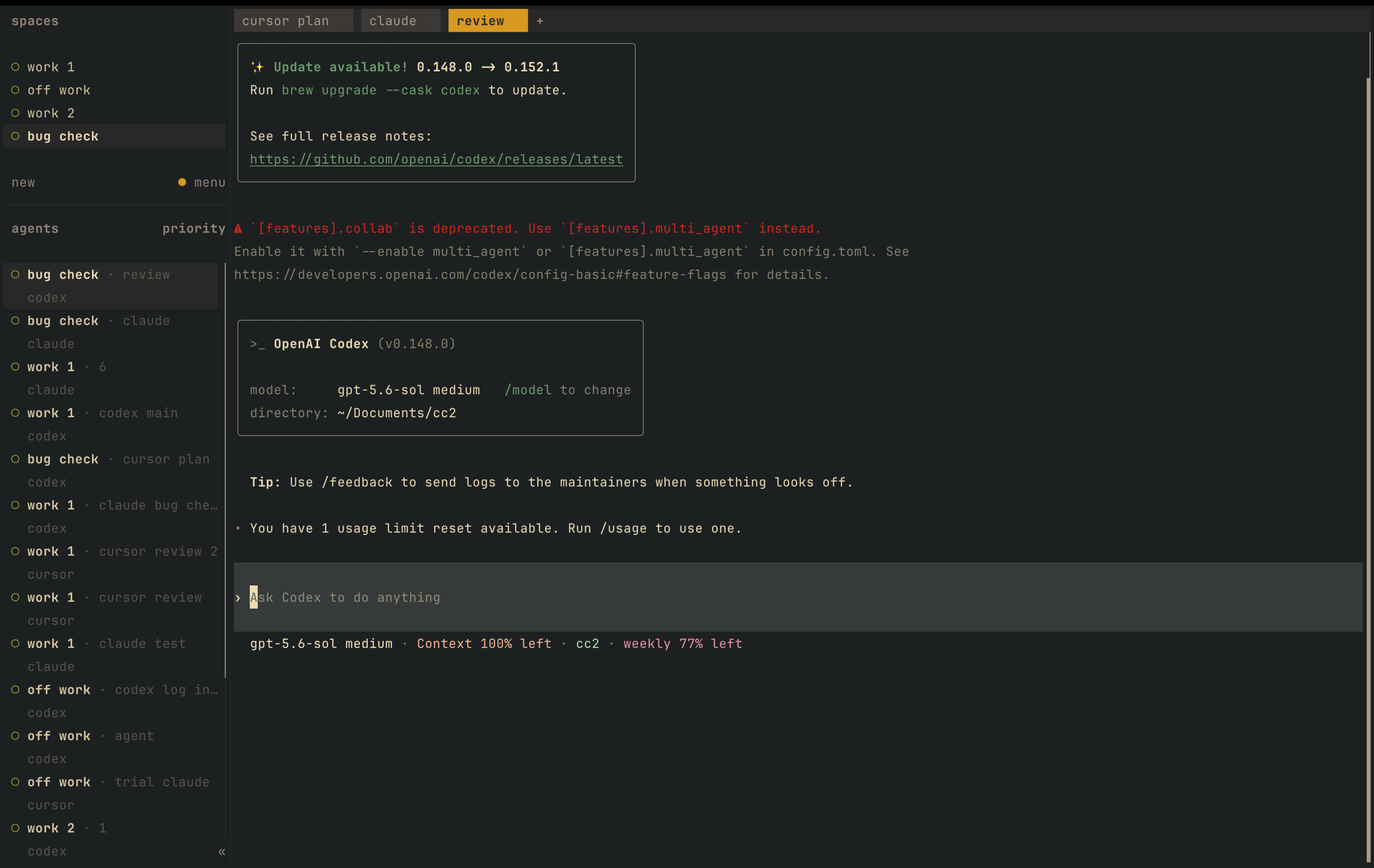 My Herdr window: spaces on the left, the agent list beneath them, and a Codex pane open on the right